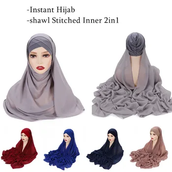 Momentiniai Hijabs Šifono Hijab Šalikas Su Kryžiaus Jersey Kepurės Variklio Dangčio Musulmonų Mados Moterų Šydas Šalikas HIjab Su Bžūp Pridedami Šaliai