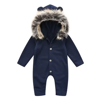 Rudenį kūdikių Megzti drabužiai ir gaubtu kūdikių drabužiai su kailio apykakle žiemos lauko 3-24M Vieną Krūtinėmis Megztiniai kūdikiams